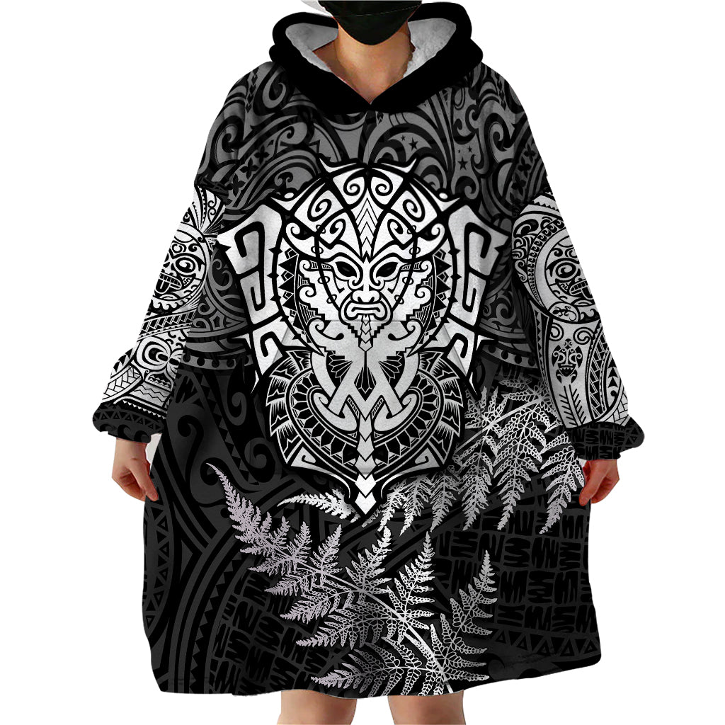 Personalised New Zealand Rugby Wearable Blanket Hoodie Silver Fern All Black Mix Ta Moko White Style - Wonder Print Shop