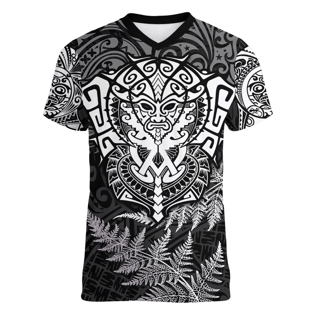Personalised New Zealand Rugby Women V Neck T Shirt Silver Fern All Black Mix Ta Moko White Style - Wonder Print Shop