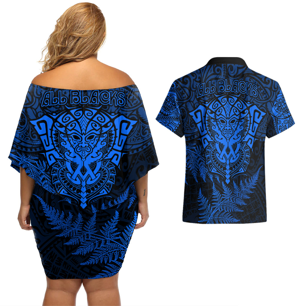 New Zealand Rugby Couples Matching Off Shoulder Short Dress and Hawaiian Shirt Silver Fern All Black Mix Ta Moko Blue Style LT9 - Wonder Print Shop