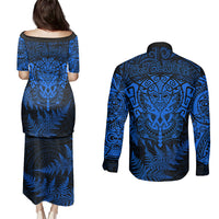 New Zealand Rugby Couples Matching Puletasi Dress and Long Sleeve Button Shirts Silver Fern All Black Mix Ta Moko Blue Style LT9 - Wonder Print Shop