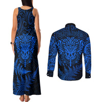 New Zealand Rugby Couples Matching Tank Maxi Dress and Long Sleeve Button Shirts Silver Fern All Black Mix Ta Moko Blue Style LT9 - Wonder Print Shop