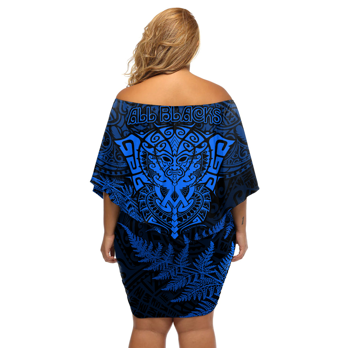 New Zealand Rugby Off Shoulder Short Dress Silver Fern All Black Mix Ta Moko Blue Style - Wonder Print Shop
