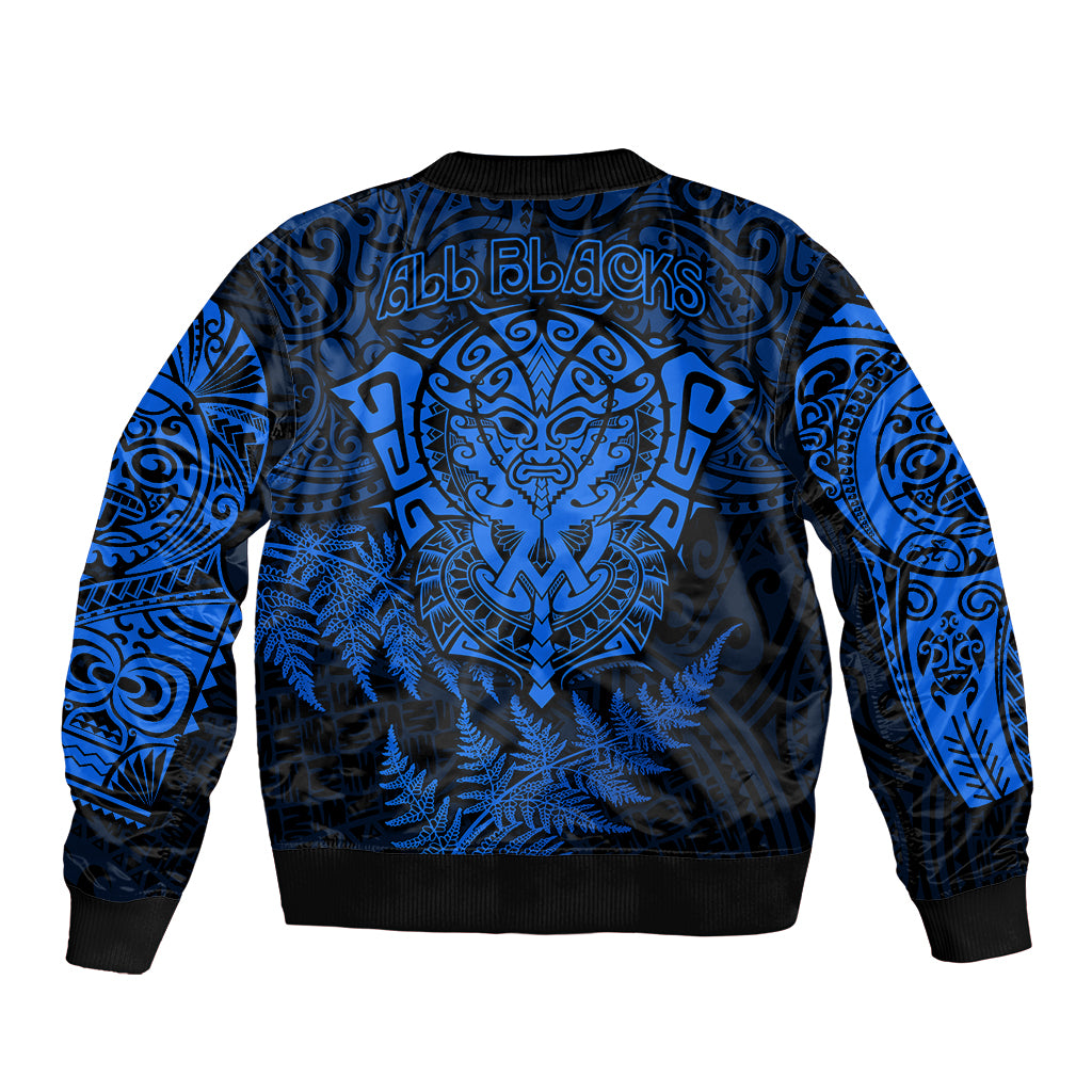 New Zealand Rugby Sleeve Zip Bomber Jacket Silver Fern All Black Mix Ta Moko Blue Style - Wonder Print Shop