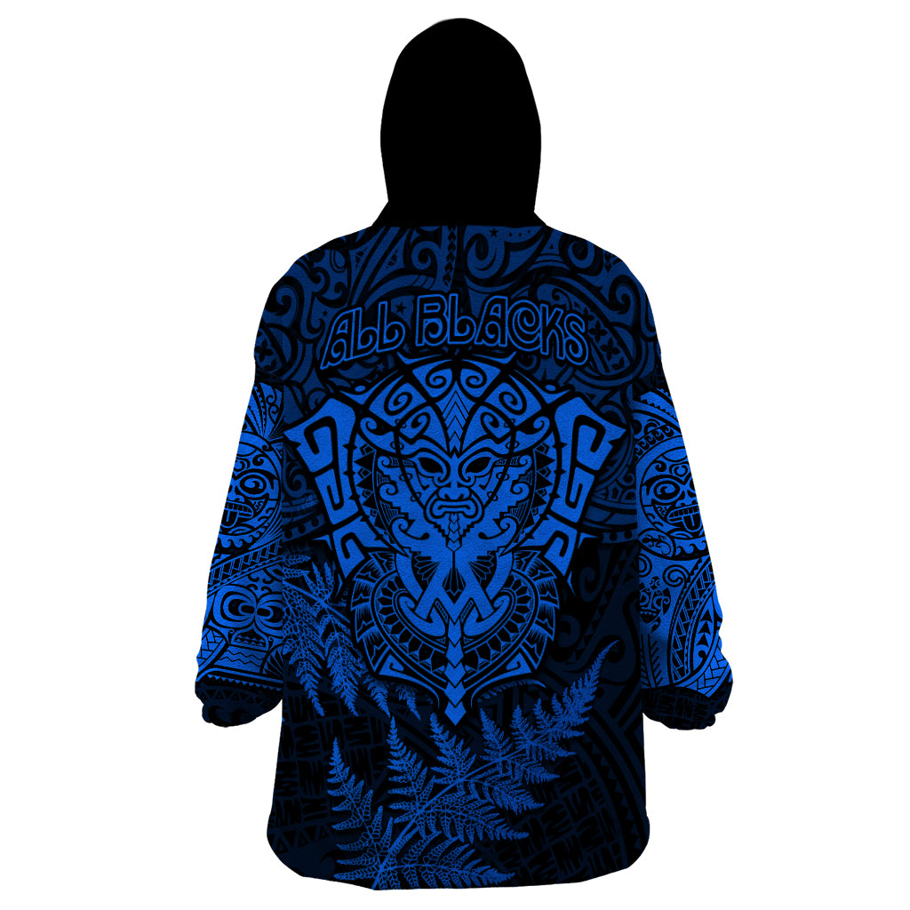 New Zealand Rugby Wearable Blanket Hoodie Silver Fern All Black Mix Ta Moko Blue Style - Wonder Print Shop