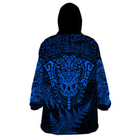 New Zealand Rugby Wearable Blanket Hoodie Silver Fern All Black Mix Ta Moko Blue Style - Wonder Print Shop