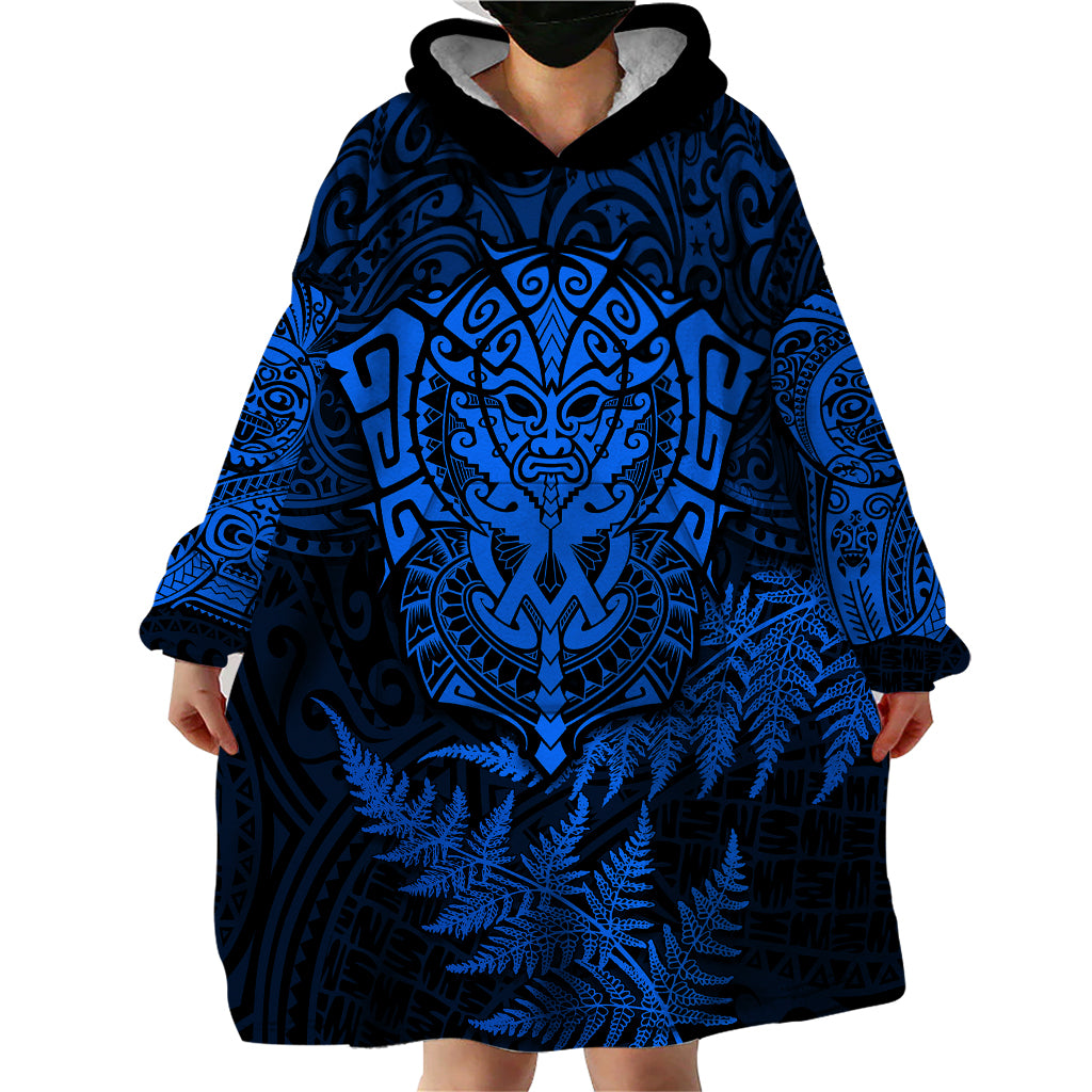 New Zealand Rugby Wearable Blanket Hoodie Silver Fern All Black Mix Ta Moko Blue Style - Wonder Print Shop