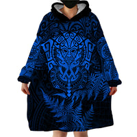 New Zealand Rugby Wearable Blanket Hoodie Silver Fern All Black Mix Ta Moko Blue Style - Wonder Print Shop