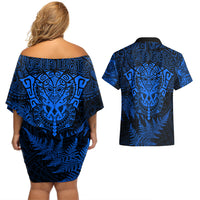 Personalised New Zealand Rugby Couples Matching Off Shoulder Short Dress and Hawaiian Shirt Silver Fern All Black Mix Ta Moko Blue Style LT9 - Wonder Print Shop