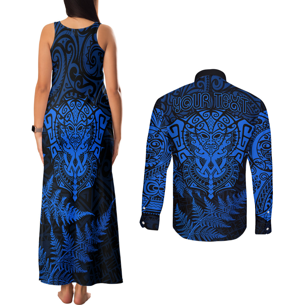 Personalised New Zealand Rugby Couples Matching Tank Maxi Dress and Long Sleeve Button Shirts Silver Fern All Black Mix Ta Moko Blue Style LT9 - Wonder Print Shop