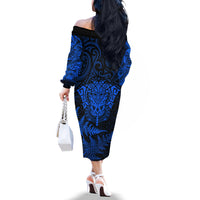 Personalised New Zealand Rugby Off The Shoulder Long Sleeve Dress Silver Fern All Black Mix Ta Moko Blue Style - Wonder Print Shop
