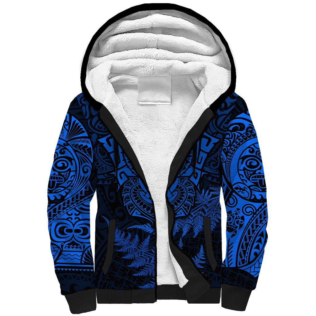 Personalised New Zealand Rugby Sherpa Hoodie Silver Fern All Black Mix Ta Moko Blue Style - Wonder Print Shop