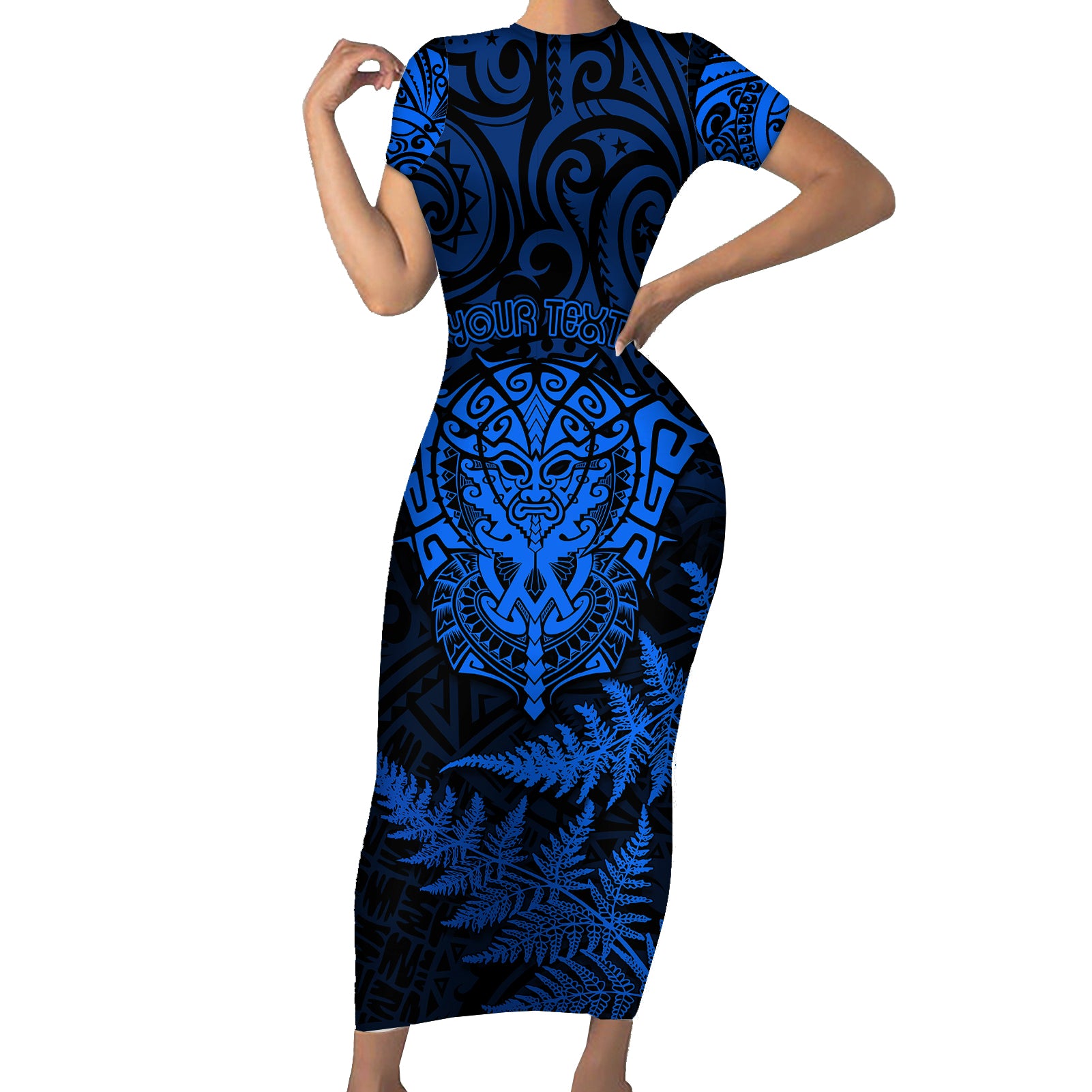 Personalised New Zealand Rugby Short Sleeve Bodycon Dress Silver Fern All Black Mix Ta Moko Blue Style - Wonder Print Shop