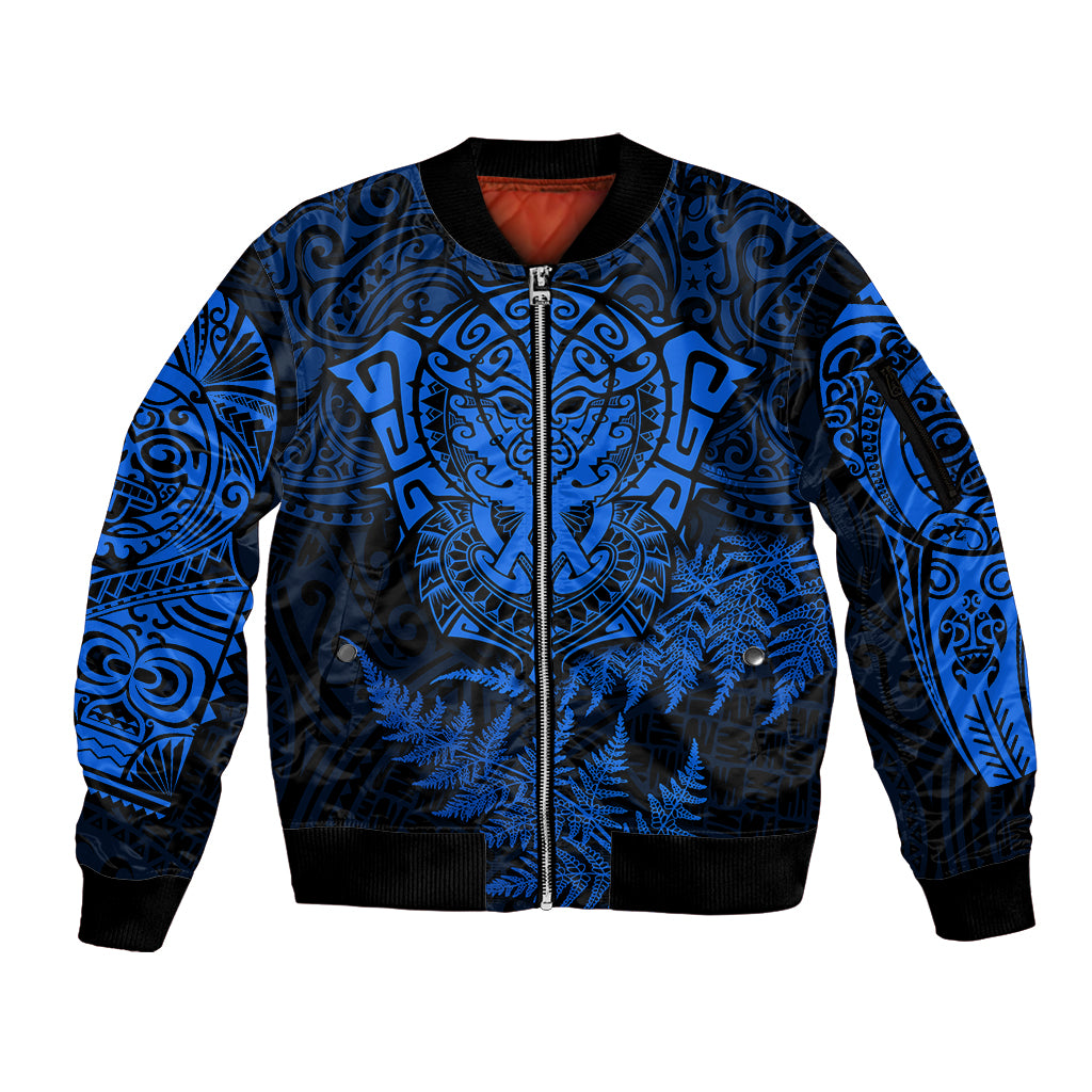 Personalised New Zealand Rugby Sleeve Zip Bomber Jacket Silver Fern All Black Mix Ta Moko Blue Style - Wonder Print Shop