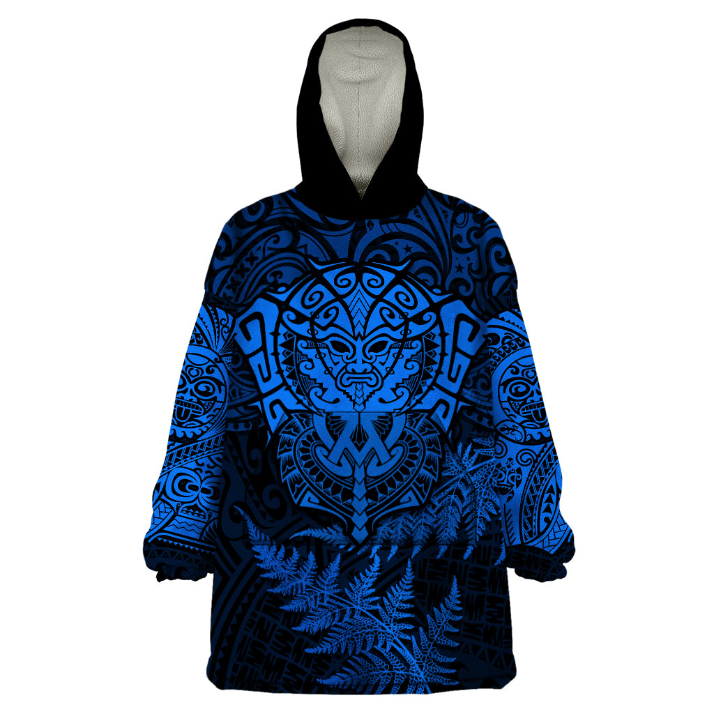 Personalised New Zealand Rugby Wearable Blanket Hoodie Silver Fern All Black Mix Ta Moko Blue Style - Wonder Print Shop