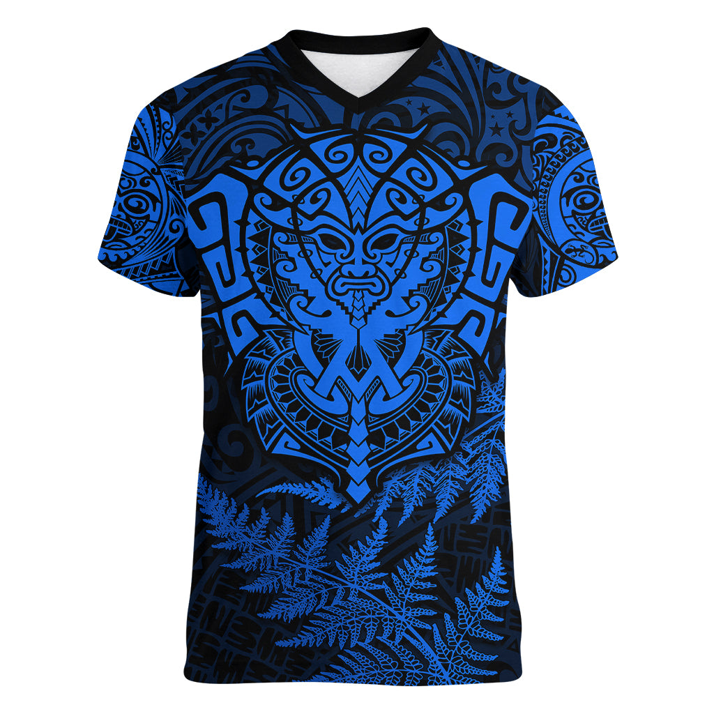 Personalised New Zealand Rugby Women V Neck T Shirt Silver Fern All Black Mix Ta Moko Blue Style - Wonder Print Shop