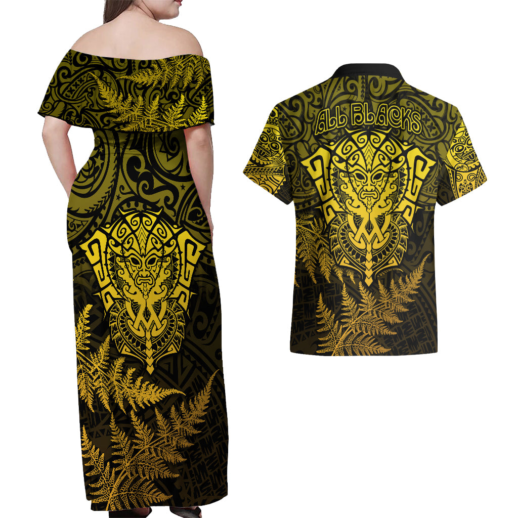 New Zealand Rugby Couples Matching Off Shoulder Maxi Dress and Hawaiian Shirt Silver Fern All Black Mix Ta Moko Gold Style LT9 - Wonder Print Shop