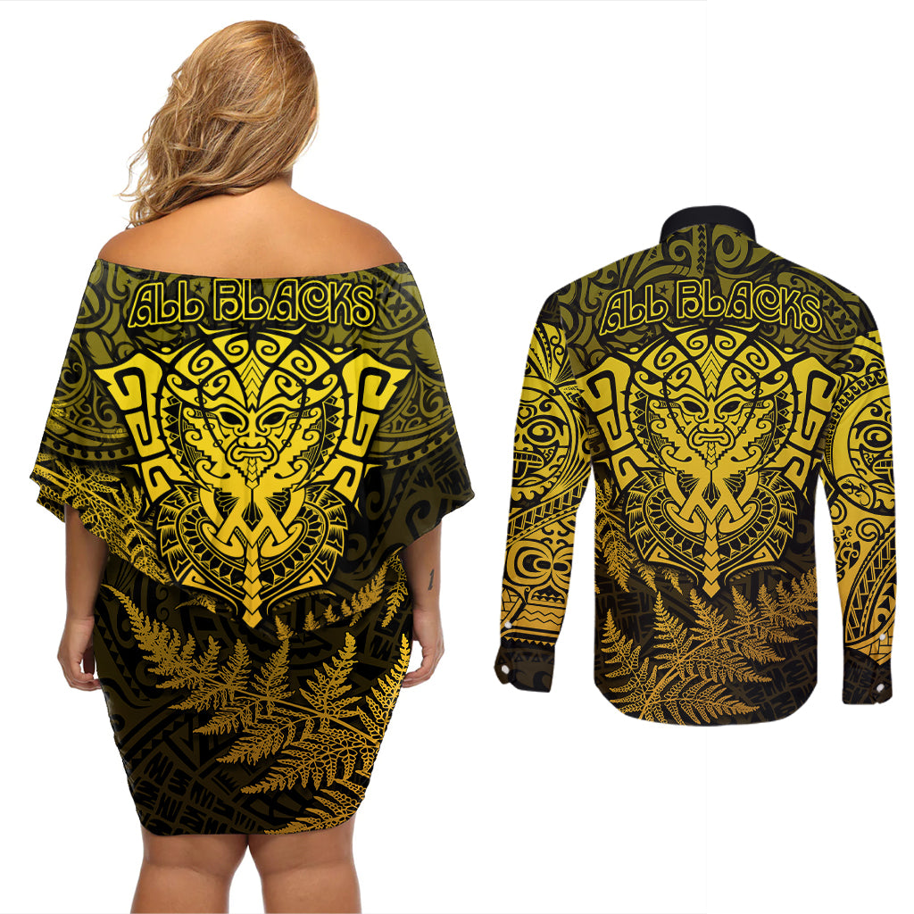New Zealand Rugby Couples Matching Off Shoulder Short Dress and Long Sleeve Button Shirts Silver Fern All Black Mix Ta Moko Gold Style LT9 - Wonder Print Shop