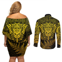 New Zealand Rugby Couples Matching Off Shoulder Short Dress and Long Sleeve Button Shirts Silver Fern All Black Mix Ta Moko Gold Style LT9 - Wonder Print Shop