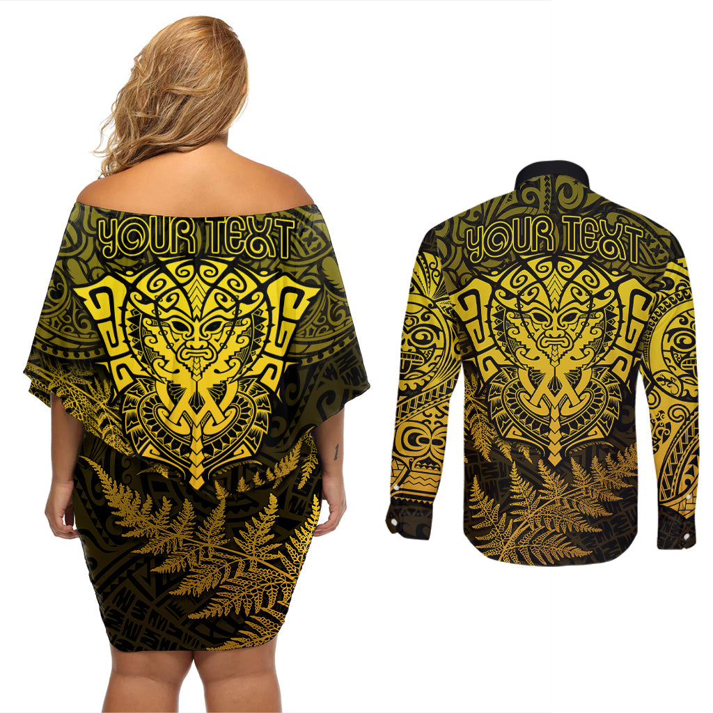 New Zealand Rugby Couples Matching Off Shoulder Short Dress and Long Sleeve Button Shirts Silver Fern All Black Mix Ta Moko Gold Style LT9 - Wonder Print Shop