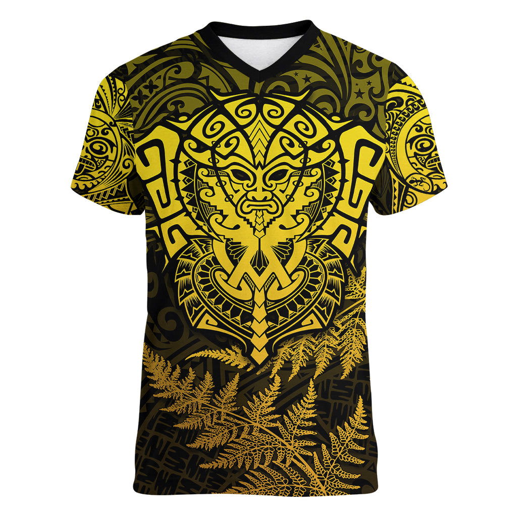 New Zealand Rugby Women V Neck T Shirt Silver Fern All Black Mix Ta Moko Gold Style - Wonder Print Shop