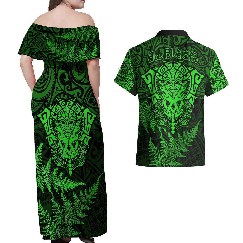 New Zealand Rugby Couples Matching Off Shoulder Maxi Dress and Hawaiian Shirt Silver Fern All Black Mix Ta Moko Green Style LT9 - Wonder Print Shop