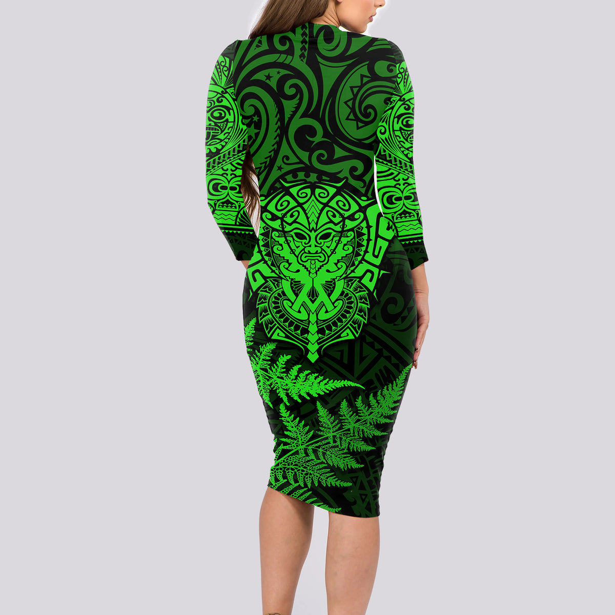 New Zealand Rugby Long Sleeve Bodycon Dress Silver Fern All Black Mix Ta Moko Green Style - Wonder Print Shop