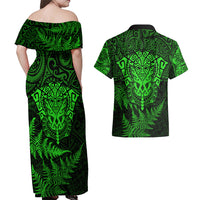New Zealand Rugby Couples Matching Off Shoulder Maxi Dress and Hawaiian Shirt Silver Fern All Black Mix Ta Moko Green Style LT9 - Wonder Print Shop