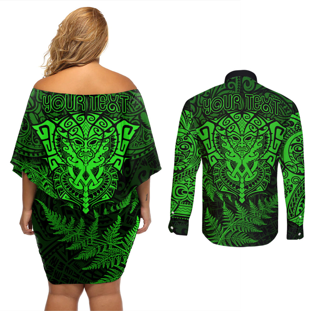 New Zealand Rugby Couples Matching Off Shoulder Short Dress and Long Sleeve Button Shirts Silver Fern All Black Mix Ta Moko Green Style LT9 - Wonder Print Shop