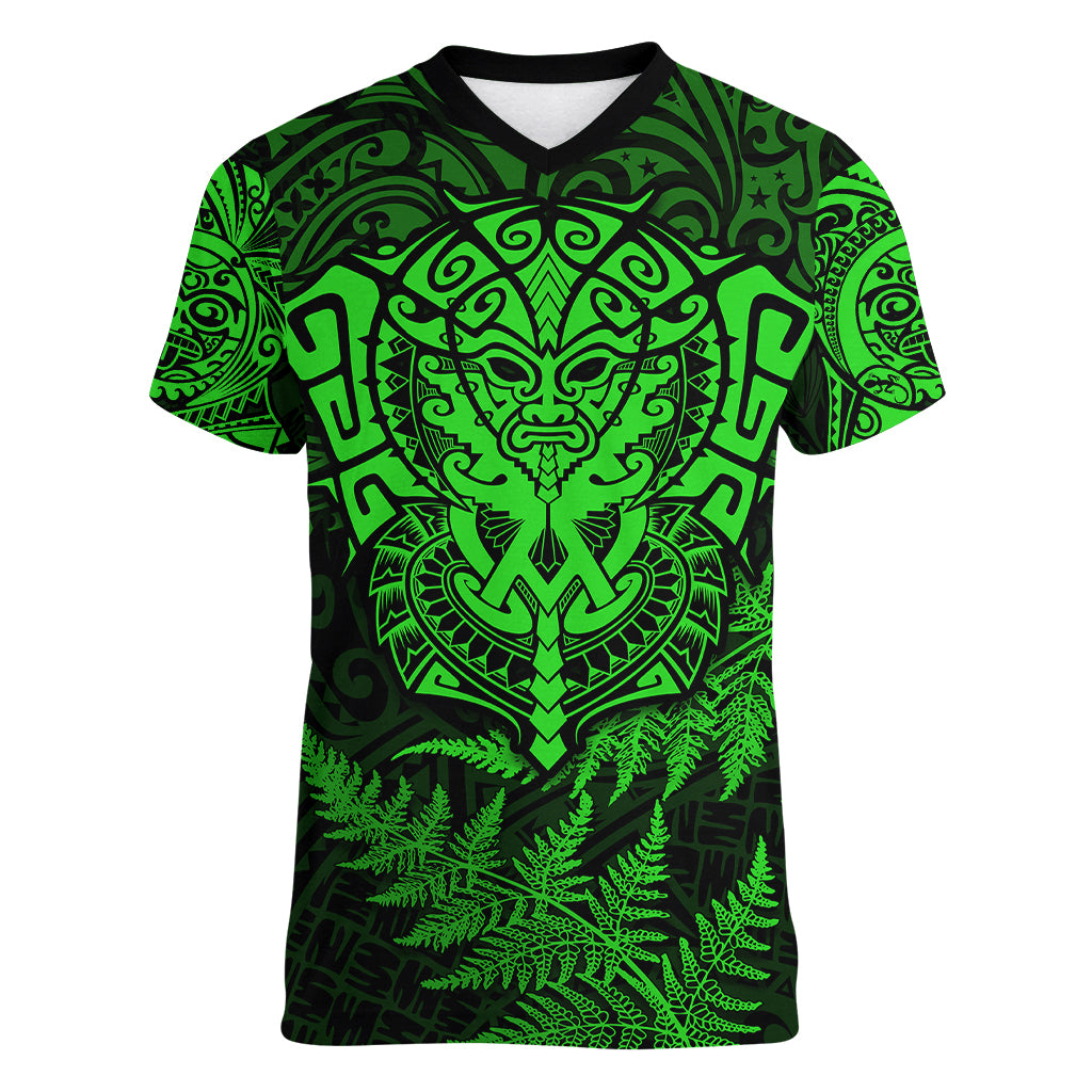 New Zealand Rugby Women V Neck T Shirt Silver Fern All Black Mix Ta Moko Green Style - Wonder Print Shop