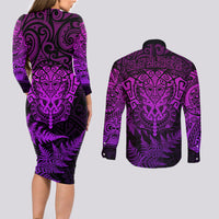 New Zealand Rugby Couples Matching Long Sleeve Bodycon Dress and Long Sleeve Button Shirts Silver Fern All Black Mix Ta Moko Purple Style LT9 - Wonder Print Shop