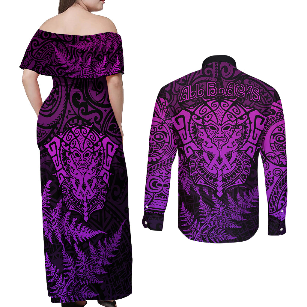 New Zealand Rugby Couples Matching Off Shoulder Maxi Dress and Long Sleeve Button Shirts Silver Fern All Black Mix Ta Moko Purple Style LT9 - Wonder Print Shop