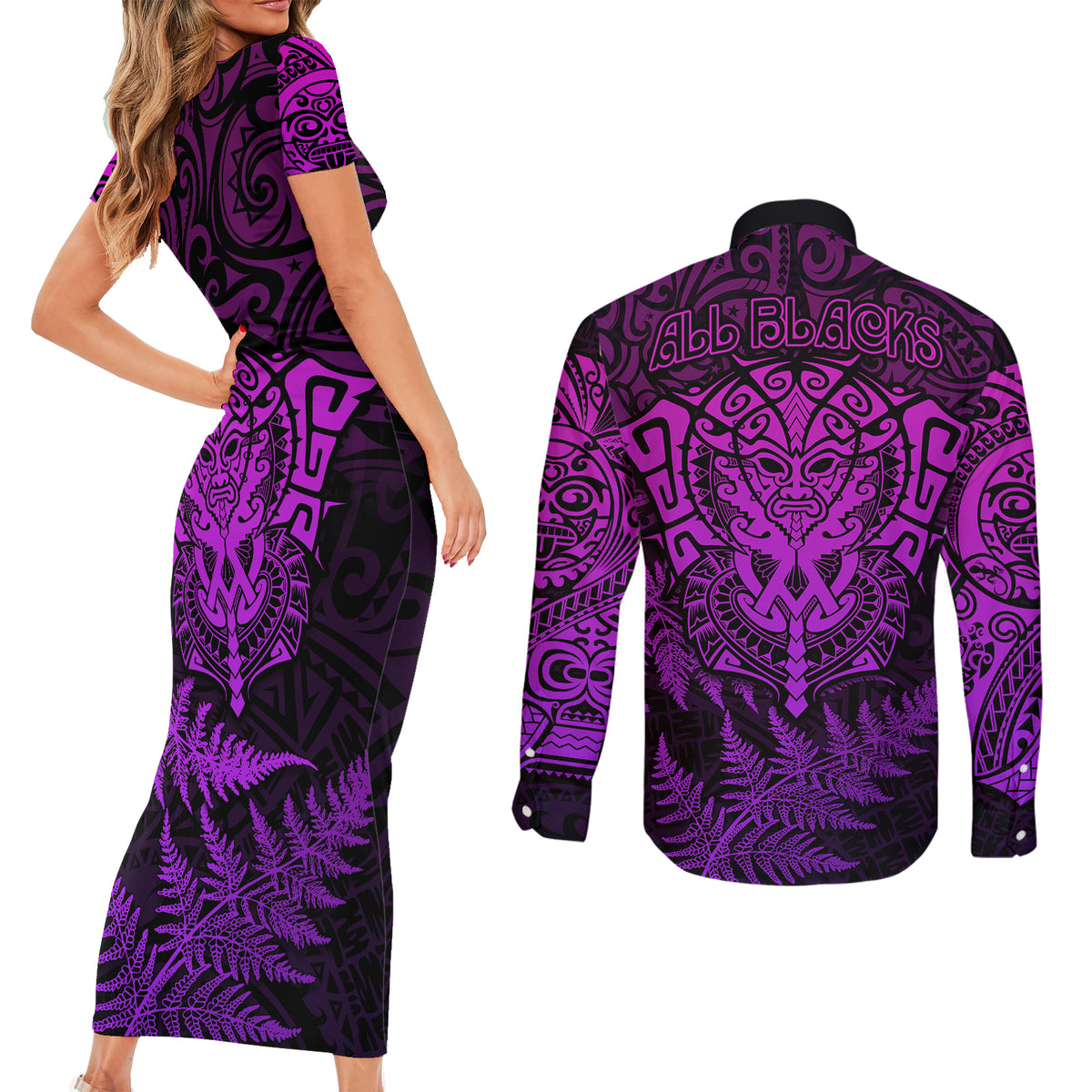 New Zealand Rugby Couples Matching Short Sleeve Bodycon Dress and Long Sleeve Button Shirts Silver Fern All Black Mix Ta Moko Purple Style LT9 - Wonder Print Shop