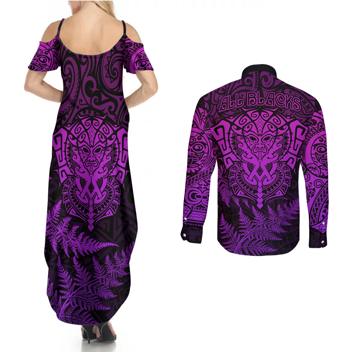 New Zealand Rugby Couples Matching Summer Maxi Dress and Long Sleeve Button Shirts Silver Fern All Black Mix Ta Moko Purple Style LT9 - Wonder Print Shop