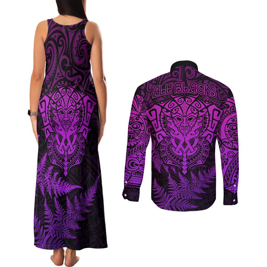 New Zealand Rugby Couples Matching Tank Maxi Dress and Long Sleeve Button Shirts Silver Fern All Black Mix Ta Moko Purple Style LT9 - Wonder Print Shop
