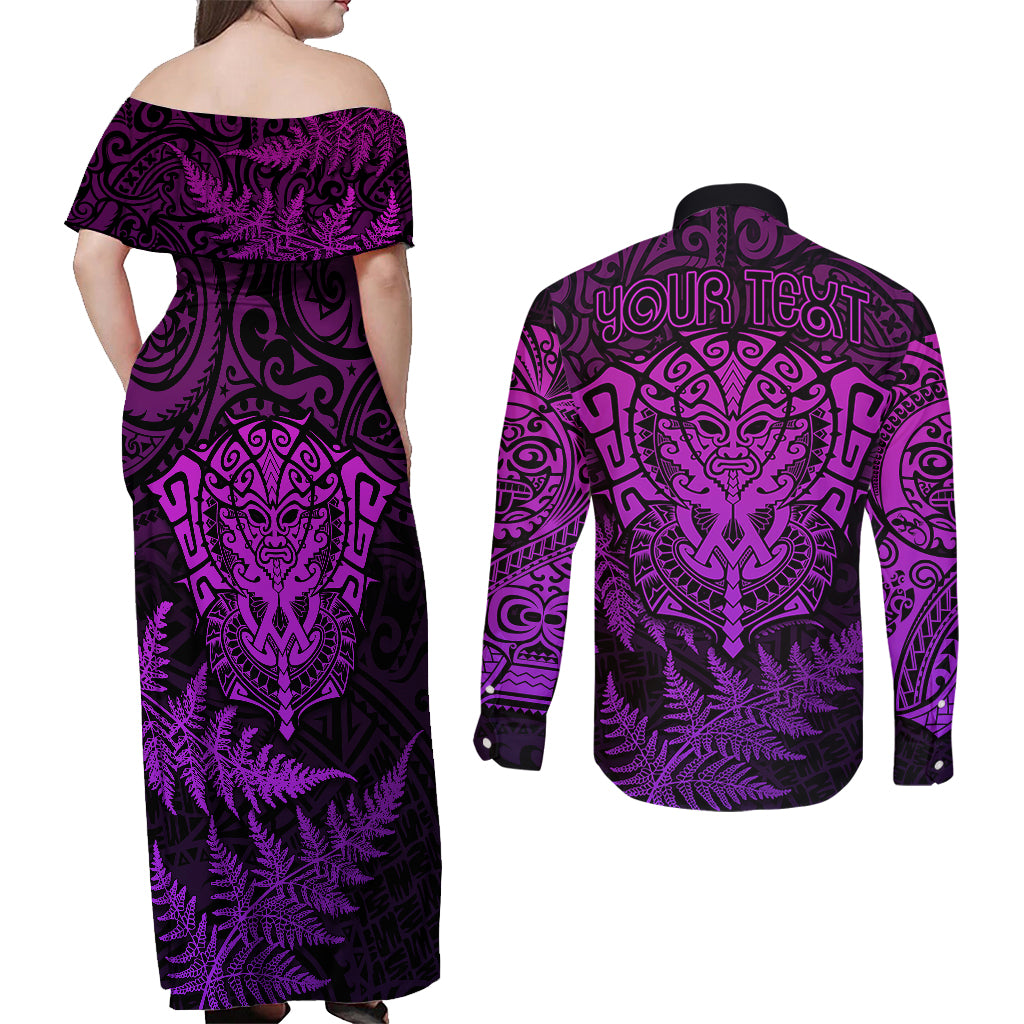 Personalised New Zealand Rugby Couples Matching Off Shoulder Maxi Dress and Long Sleeve Button Shirts Silver Fern All Black Mix Ta Moko Purple Style LT9 - Wonder Print Shop