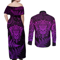 Personalised New Zealand Rugby Couples Matching Off Shoulder Maxi Dress and Long Sleeve Button Shirts Silver Fern All Black Mix Ta Moko Purple Style LT9 - Wonder Print Shop
