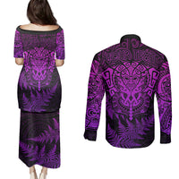 Personalised New Zealand Rugby Couples Matching Puletasi Dress and Long Sleeve Button Shirts Silver Fern All Black Mix Ta Moko Purple Style LT9 - Wonder Print Shop