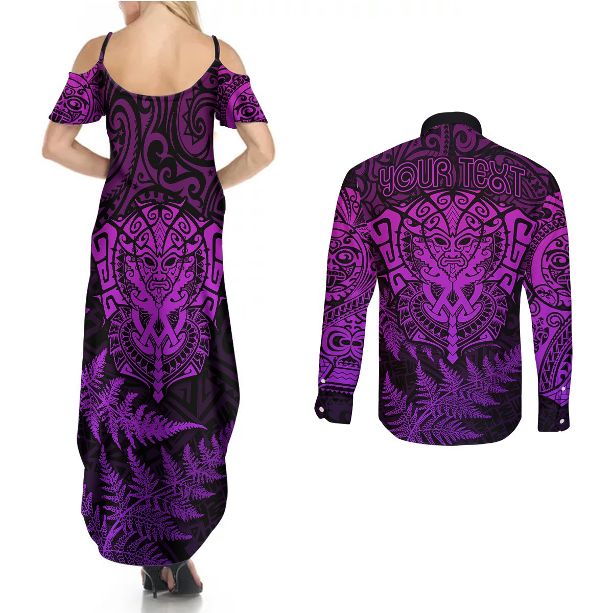 Personalised New Zealand Rugby Couples Matching Summer Maxi Dress and Long Sleeve Button Shirts Silver Fern All Black Mix Ta Moko Purple Style LT9 - Wonder Print Shop