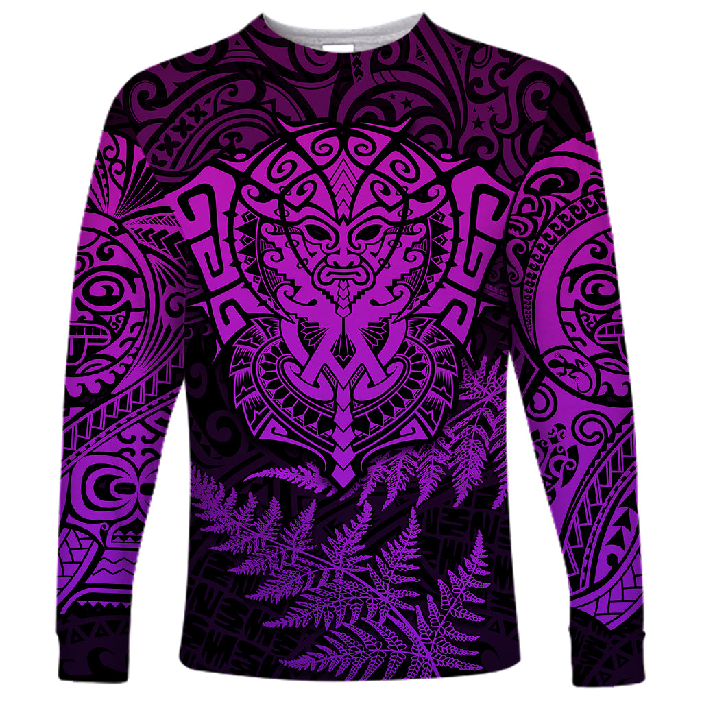 Personalised New Zealand Rugby Long Sleeve Shirt Silver Fern All Black Mix Ta Moko Purple Style - Wonder Print Shop