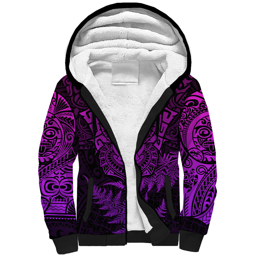 Personalised New Zealand Rugby Sherpa Hoodie Silver Fern All Black Mix Ta Moko Purple Style - Wonder Print Shop