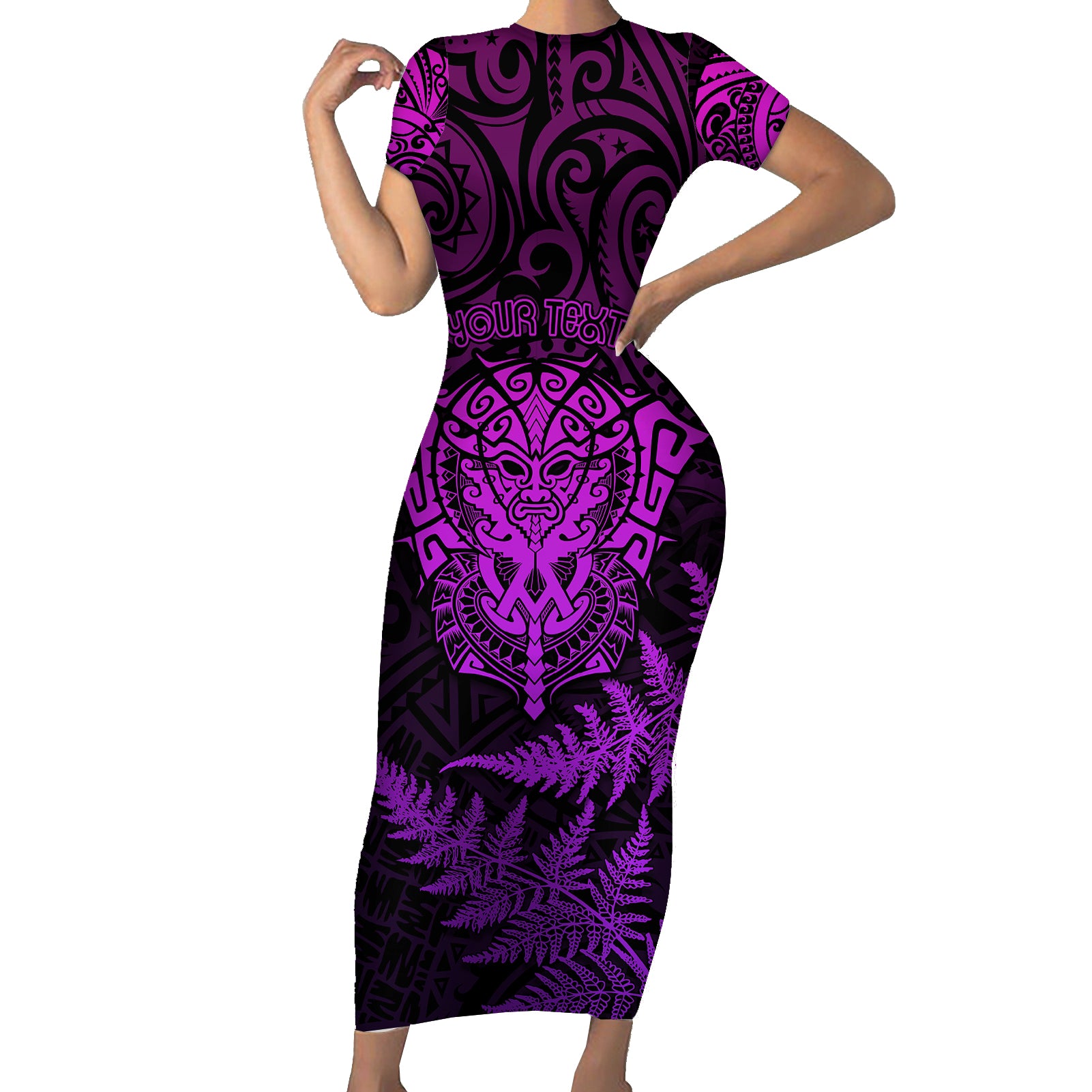Personalised New Zealand Rugby Short Sleeve Bodycon Dress Silver Fern All Black Mix Ta Moko Purple Style - Wonder Print Shop