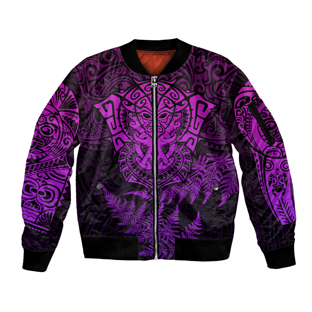 Personalised New Zealand Rugby Sleeve Zip Bomber Jacket Silver Fern All Black Mix Ta Moko Purple Style - Wonder Print Shop