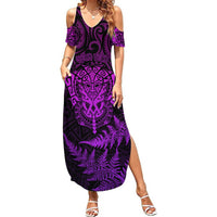 Personalised New Zealand Rugby Summer Maxi Dress Silver Fern All Black Mix Ta Moko Purple Style - Wonder Print Shop