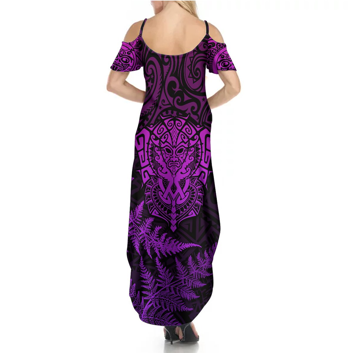 Personalised New Zealand Rugby Summer Maxi Dress Silver Fern All Black Mix Ta Moko Purple Style - Wonder Print Shop