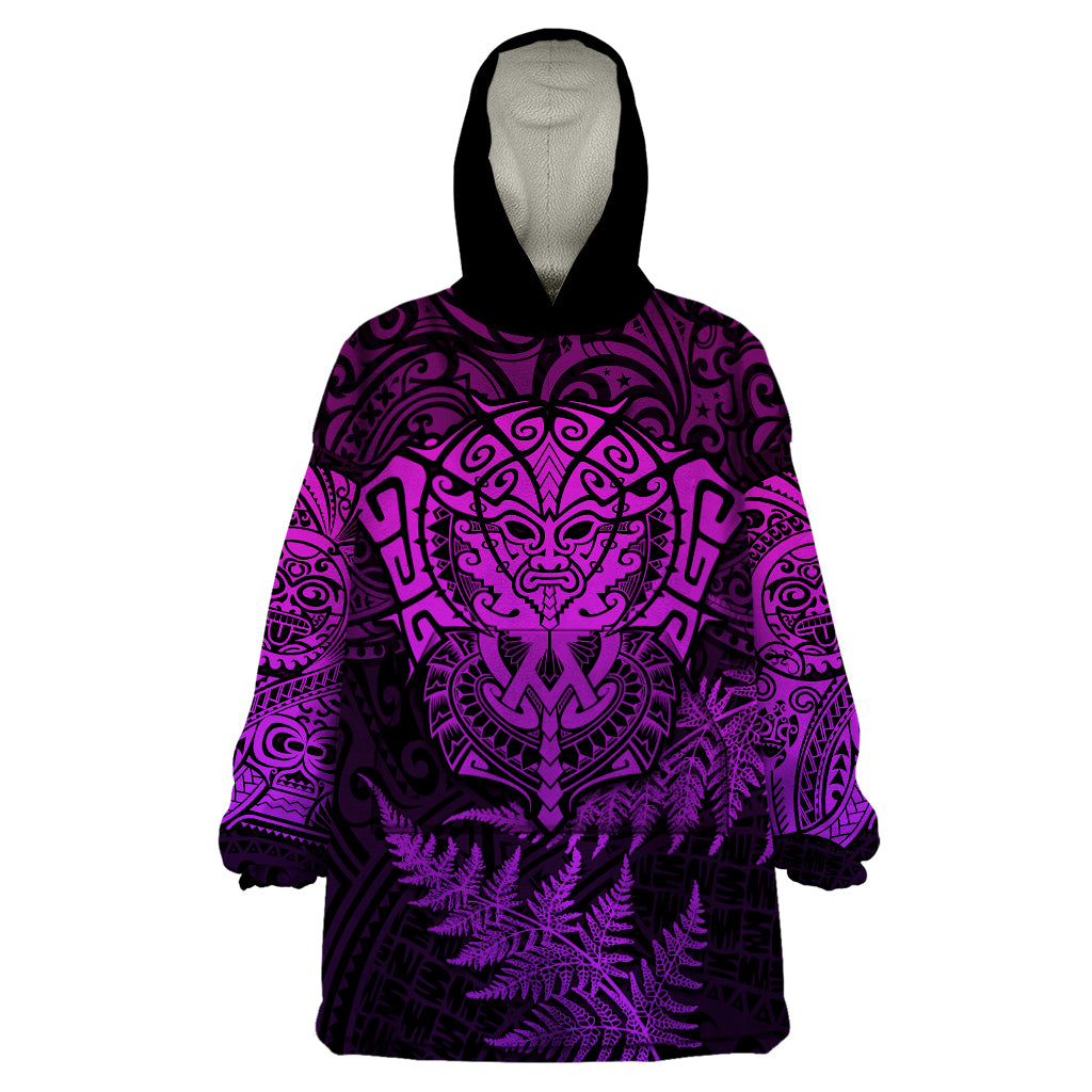 Personalised New Zealand Rugby Wearable Blanket Hoodie Silver Fern All Black Mix Ta Moko Purple Style - Wonder Print Shop