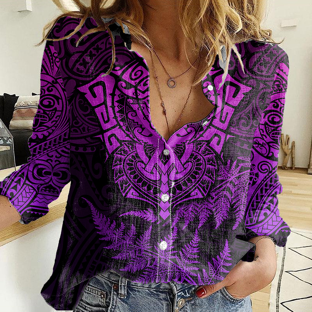 Personalised New Zealand Rugby Women Casual Shirt Silver Fern All Black Mix Ta Moko Purple Style - Wonder Print Shop