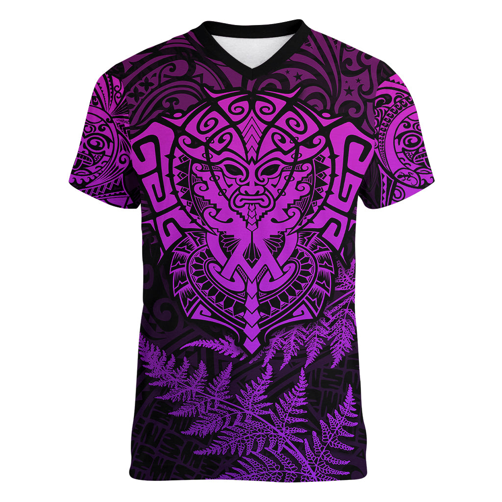 Personalised New Zealand Rugby Women V Neck T Shirt Silver Fern All Black Mix Ta Moko Purple Style - Wonder Print Shop