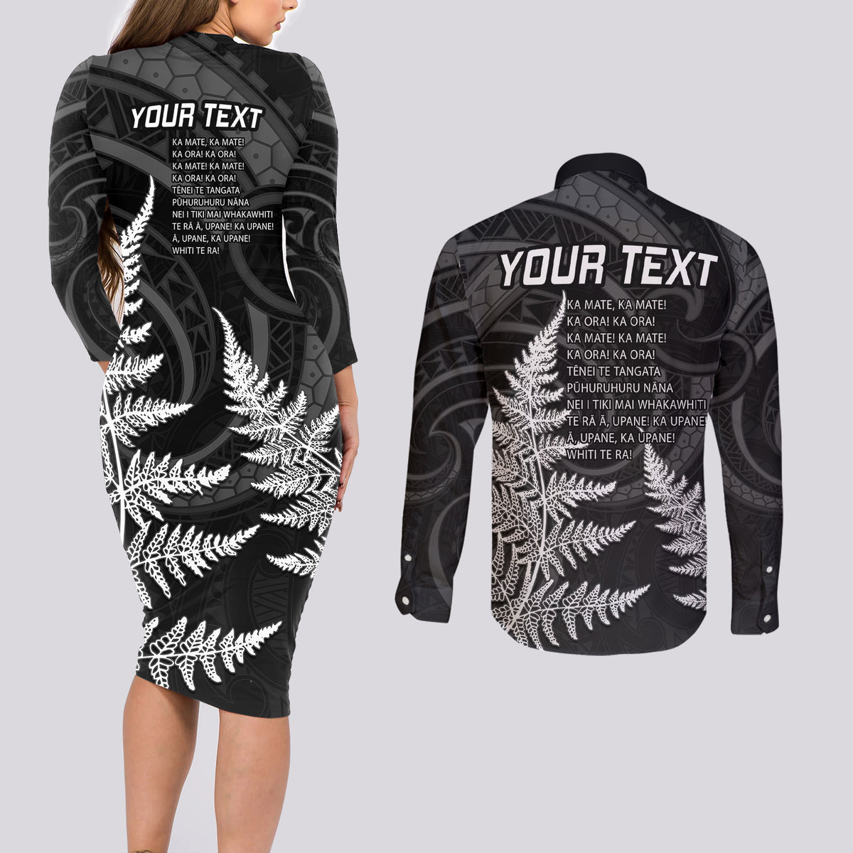 Personalised New Zealand Rugby Couples Matching Long Sleeve Bodycon Dress and Long Sleeve Button Shirts Aotearoa Ka Mate Haka All Black Mix Ta Moko White Style LT9 - Wonder Print Shop