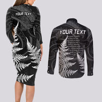 Personalised New Zealand Rugby Couples Matching Long Sleeve Bodycon Dress and Long Sleeve Button Shirts Aotearoa Ka Mate Haka All Black Mix Ta Moko White Style LT9 - Wonder Print Shop