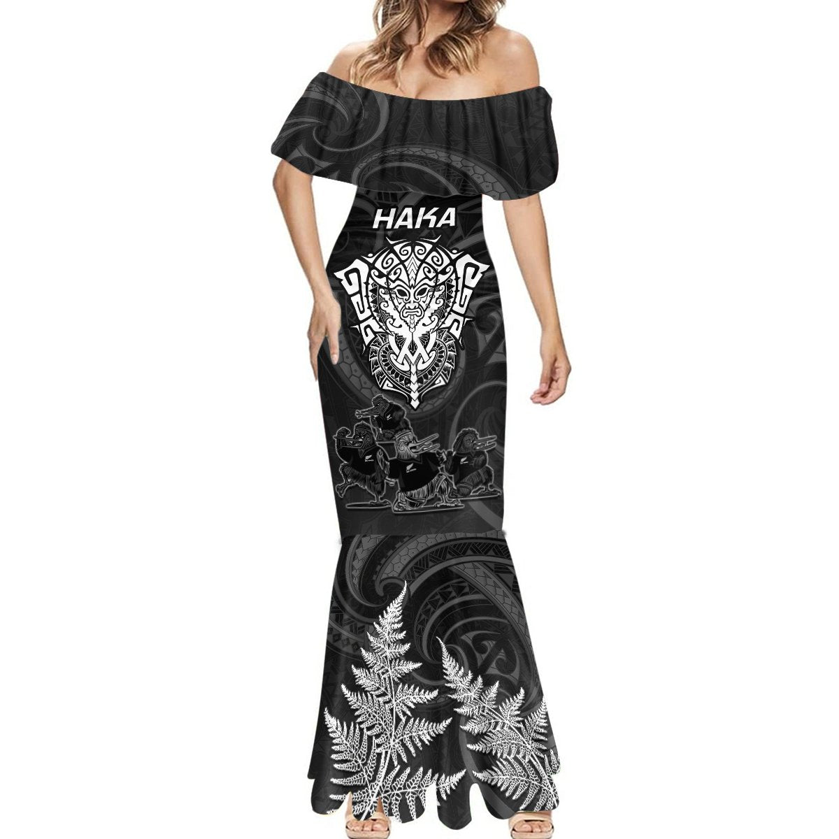 Personalised New Zealand Rugby Mermaid Dress Aotearoa Ka Mate Haka All Black Mix Ta Moko White Style - Wonder Print Shop